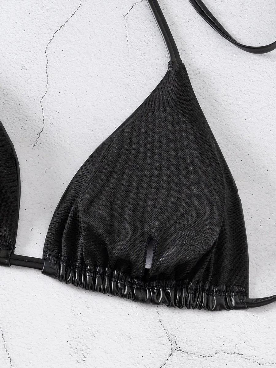 Sexy Kunstleder Bikini Damen – Micro Tanga Zweiteiler aus PU-Leder